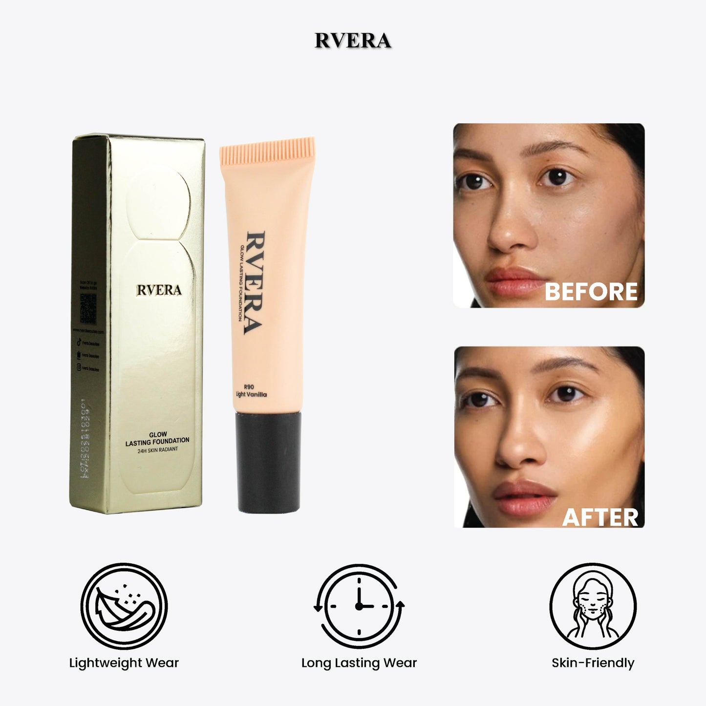 RVERA MINI Glow Lasting Foundation Light Vanilla, Vanilla and Sweet Ivory Stay Radiant 24H Lasting 3.5ML