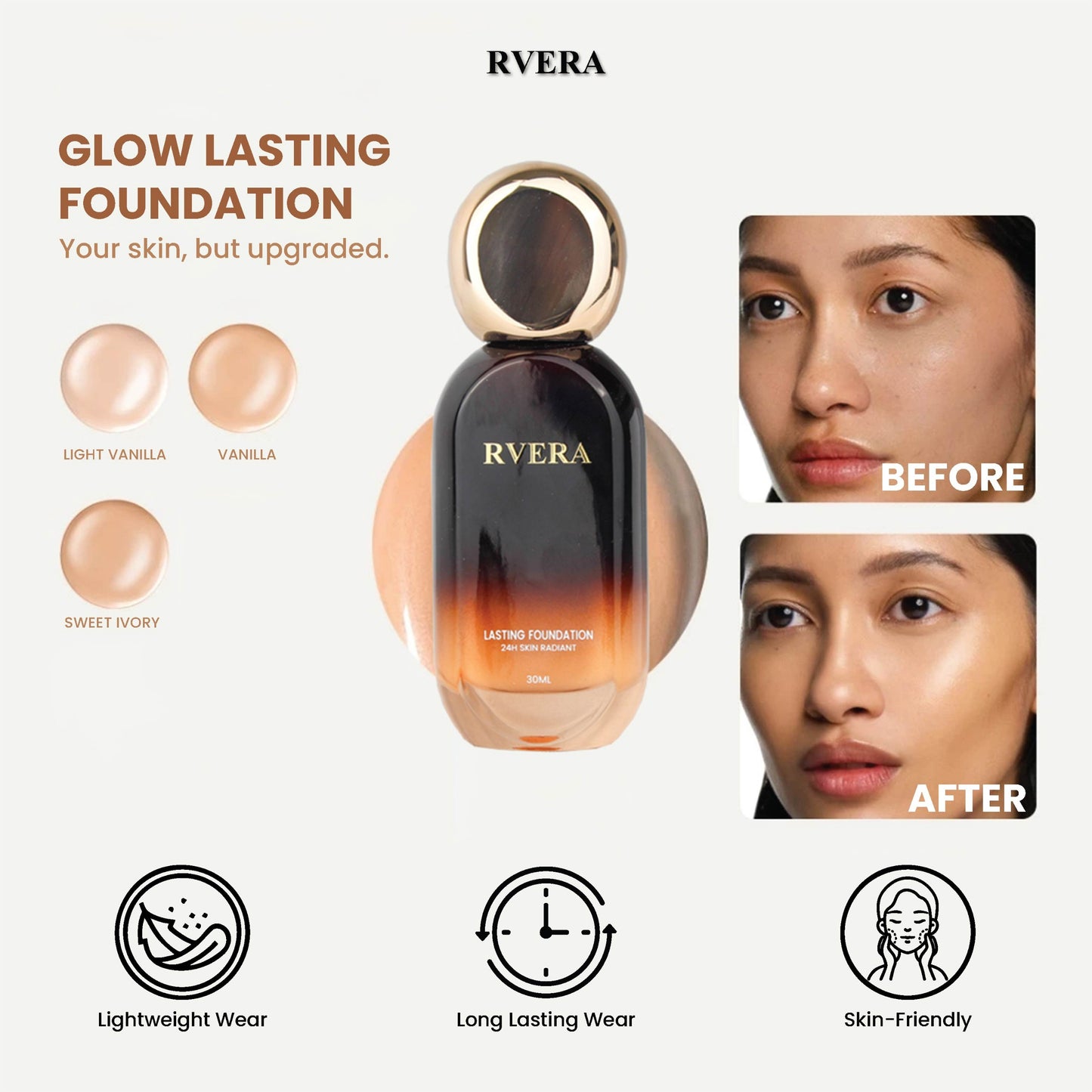 RVERA Glow Lasting Foundation Light Vanilla, Vanilla and Sweet Ivory 30ml Stay Radiant 24H Lasting