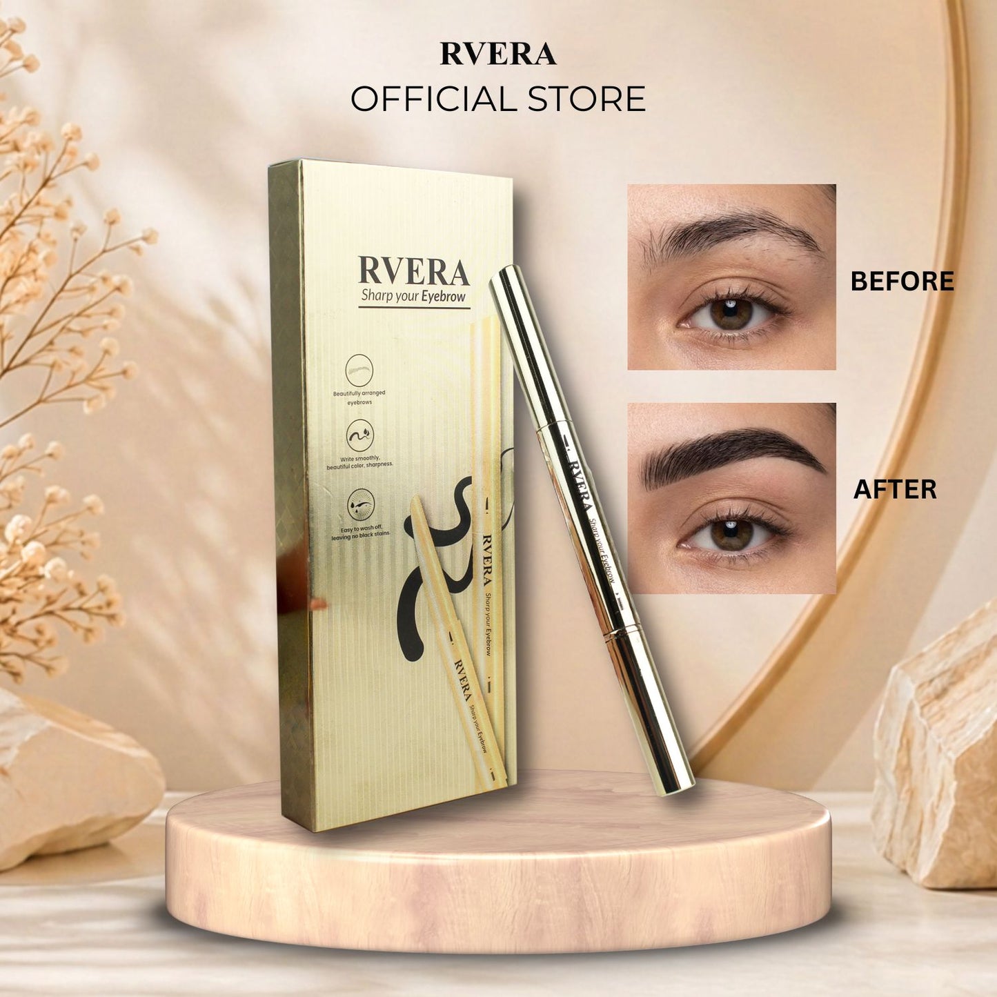 RVERA 3D Eyebrow Pencil Coffee Brown, Sharp & Soft